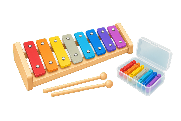 Ilustración orientativa de un metalófono infantil de ocho láminas de colores con mazas y caja