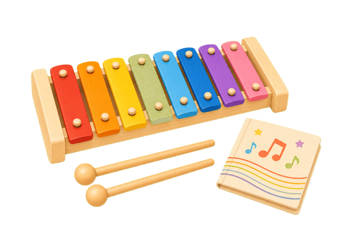 Ilustración orientativa de un xilófono infantil de madera con ocho láminas de colores y mazas